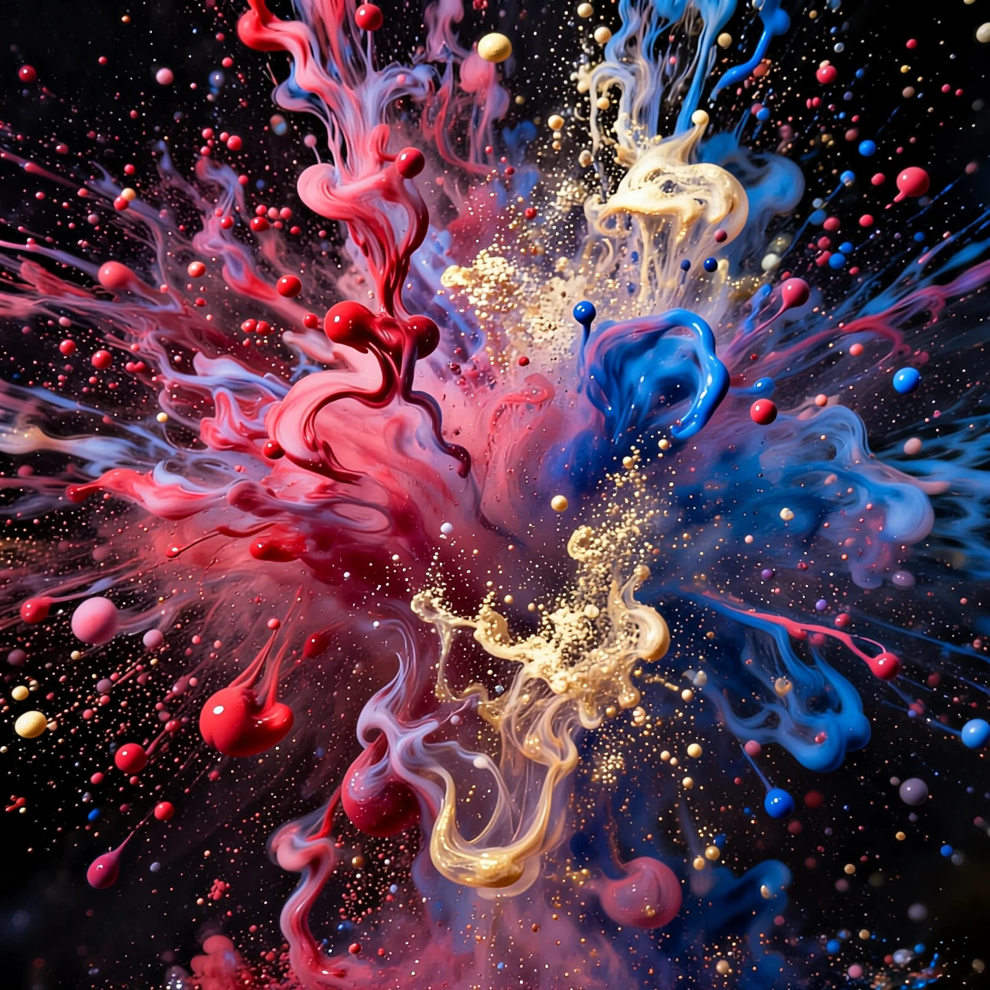 High-speed photography of a colorful paint and powder explosion in a dark studio. Swirls of red, blue, and gold liquid mixing in mid-air. Liquid droplets frozen in time. High contrast, sharp focus, subsurface scattering in the liquid, dynamic composition, 4k, wallpaper quality.