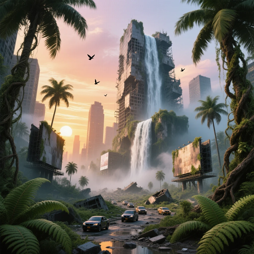 Cinematic post-apocalyptic landscape. Wide shot of the ruins of Times Square, New York, completely overgrown with massive tropical jungle plants and vines. A waterfall is cascading down a crumbled skyscraper. Sunset lighting, volumetric fog, birds flying in the distance, matte painting style, 8k, hyper-detailed.