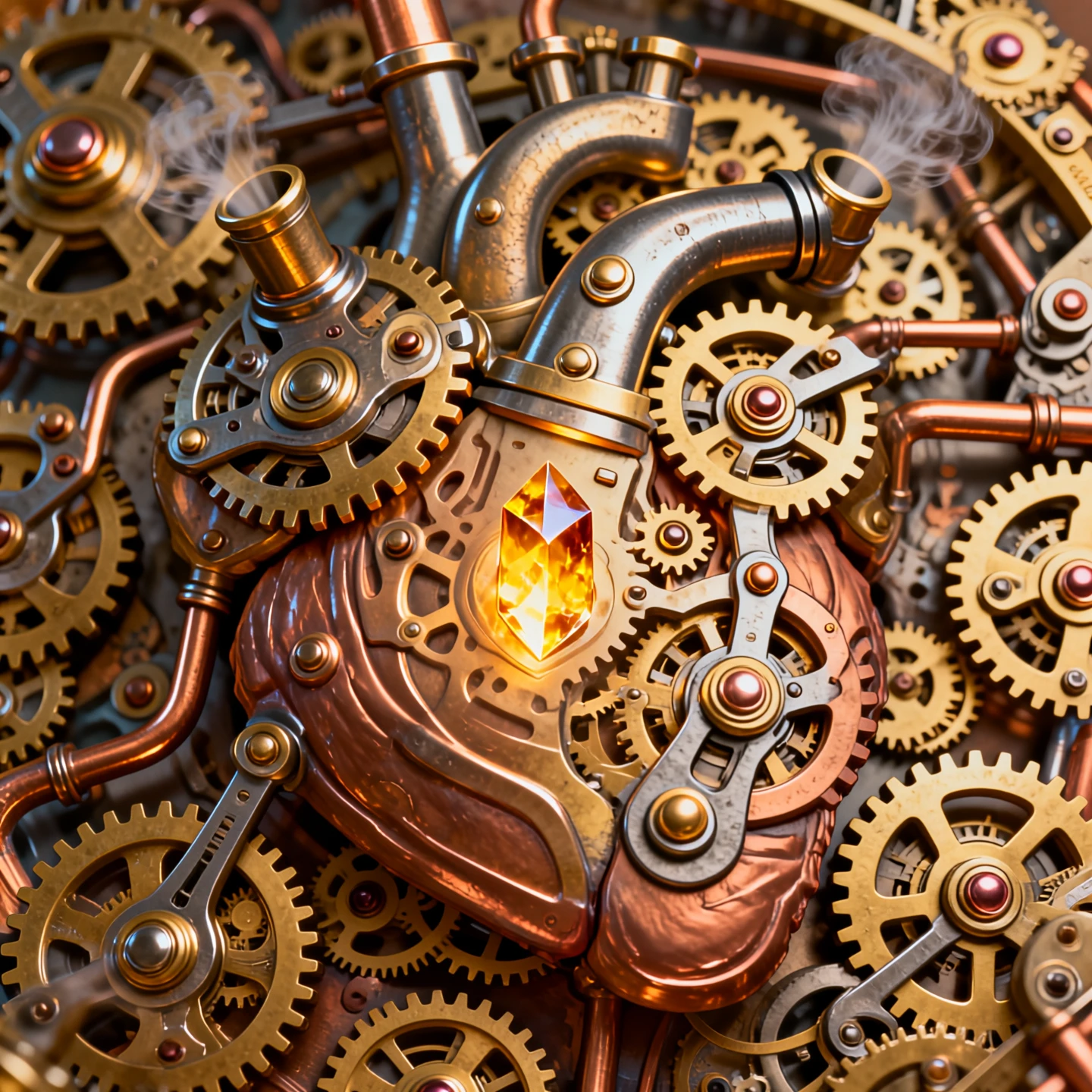Close-up of a mechanical heart mechanism. Intricate steampunk style. Thousands of tiny brass gears, copper pipes, and steel pistons working together. Steam escaping from small vents. A glowing amber crystal energy source in the center. Vintage atmosphere, cinematic depth of field, sharp focus on the gears, metallic texture.