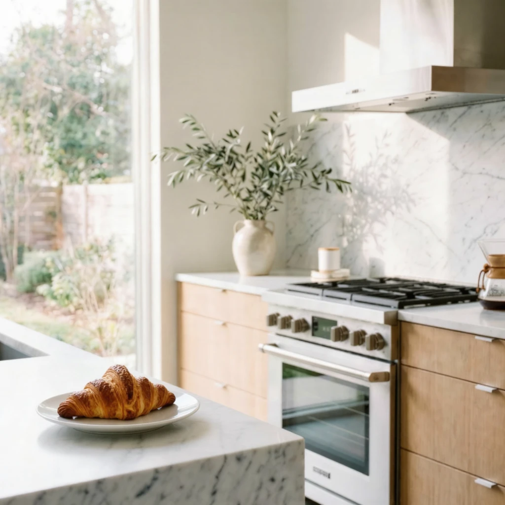 A clean modern kitchen with marble countertops and soft morning sunlight. On the countertop, place a freshly baked croissant on a white ceramic plate. The croissant should look crisp and buttery, integrated naturally with the environment with accurate lighting and shadows.