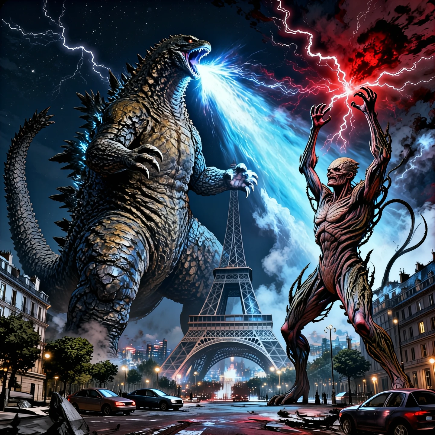 Epic cinematic battle under the Eiffel Tower at night, 1:1 wide frame.
Use image1 as the reference for Godzilla: keep the same body shape, scales and overall silhouette, towering over the city.
Use image2 as the reference for Vecna from Stranger Things: keep his twisted organic body, vine-like growths and eerie posture, standing on the ground near the Eiffel Tower, facing Godzilla.
Use image3 as the reference for the Paris cityscape: clearly show the Eiffel Tower in the midground, with Paris streets and buildings around it, night sky above.
Godzilla and Vecna are locked in a dramatic clash: Godzilla roaring and charging a bright energy breath, Vecna raising one arm to summon dark red energy and crackling lightning in the sky.
Low-angle viewpoint from the street level, looking up at both giants, with broken cars and debris in the foreground, no visible civilians.
Strong contrast between cold blue light from Godzilla and ominous red light from Vecna, reflections on the metal structure of the Eiffel Tower, smoke and dust in the air, subtle film grain, ultra detailed, high resolution, cinematic concept art style.