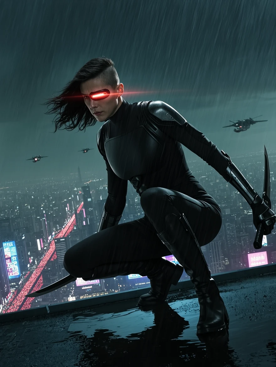A female assassin crouching on the edge of a rain-drenched skyscraper rooftop in a dystopian megacity, her left eye replaced with a glowing crimson cybernetic implant scanning the streets below, wearing a form-fitting matte black tactical suit with exposed carbon fiber plating on the shoulders and forearms, a retractable plasma blade extending from her wrist gauntlet, her jet-black hair cropped short on one side and flowing long on the other whipping in the wind, holographic advertisements in Japanese and Chinese kanji reflecting off the pooled rainwater around her boots, the city stretching infinitely below with layers of elevated highways and flying vehicles trailing red and blue light streaks, atmospheric fog diffusing the neon glow from thousands of windows, shot from a low angle looking up to emphasize her dominance over the cityscape, cinematic anamorphic lens flare, volumetric god rays cutting through the smog, color palette of deep teals, electric blues, and hot magentas against near-black shadows, inspired by the visual language of Blade Runner 2049 crossed with Ghost in the Shell, hyper-detailed 8K rendering, Octane render quality