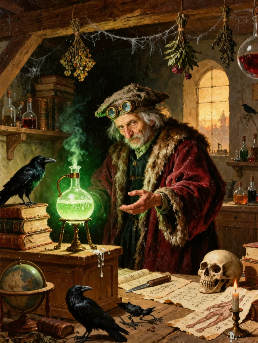 An eccentric alchemist in his late 50s standing in a cluttered Renaissance-era laboratory, his gaunt face illuminated from below by the eerie green glow emanating from a bubbling glass alembic on the workbench, wearing a heavily stained burgundy velvet robe with ermine fur trim that has seen far better days, round brass spectacles perched on the tip of his hooked nose, wild silver hair escaping from beneath a threadbare scholar's cap, his bony fingers mid-gesture as if explaining a grand theory to no one, the room overflowing with precarious stacks of leather-bound tomes, celestial globes, taxidermied ravens, dried herbs hanging from the ceiling beams, scattered parchments covered in indecipherable symbols and anatomical diagrams, a human skull serving as a candle holder dripping with wax, cobwebs connecting bottles of colored liquids on sagging wooden shelves, a single arched window in the background letting in a shaft of dusty amber afternoon light that contrasts with the green alchemical glow, painted in the style of Rembrandt with rich impasto brushwork, deep chiaroscuro lighting with the darkest corners dissolving into pure black, oil on canvas texture visible, golden age Dutch master painting aesthetic, museum-quality fine art reproduction