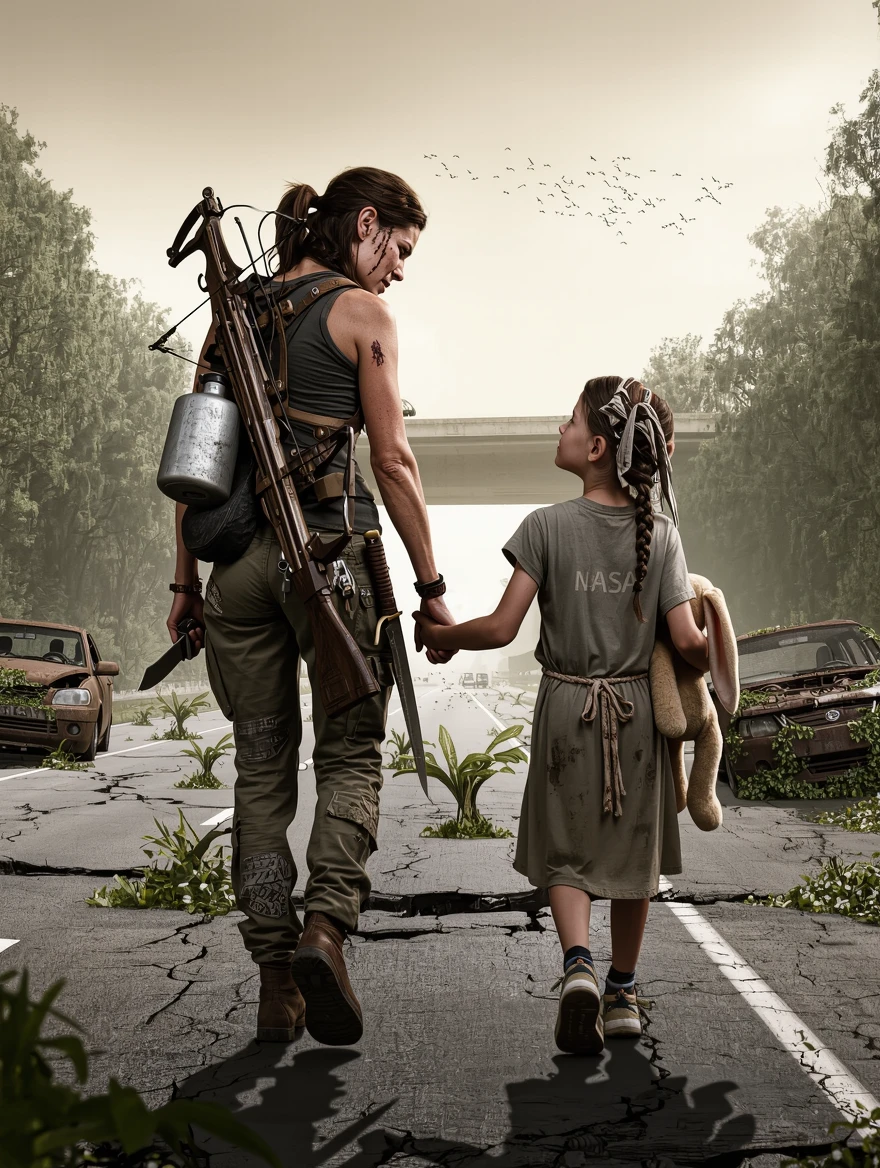 A post-apocalyptic mother and her young daughter walking hand-in-hand down the center of an overgrown highway, the mother is tall and lean with sun-darkened skin, a jagged scar running from her left temple to her jawline, wearing a patched-together outfit of military fatigues and scavenged leather armor, a makeshift crossbow strapped to her back alongside a dented aluminum water canteen, her eyes scanning the treeline with practiced vigilance while her free hand rests on the hunting knife at her hip, the daughter approximately six years old clutching a filthy stuffed rabbit with one missing ear in her other arm, wearing an oversized faded NASA t-shirt as a dress belted with paracord, mismatched sneakers, her hair in messy braids tied with strips of cloth, looking up at her mother with complete trust, the highway cracked and buckled with weeds and saplings pushing through the asphalt, rusted vehicle husks consumed by ivy lining both sides, a collapsed overpass in the middle distance partially blocking the road, the sky a hazy amber-grey suggesting permanent atmospheric pollution, a flock of birds wheeling in the distance as the only sign of other life, the overall mood balancing tenderness between the two figures against the harsh desolation of their world, photorealistic digital art with muted desaturated color grading except for a subtle warm tone on the skin of both characters, composition following the rule of thirds with the figures in the left third walking toward camera right, depth rendered with atmospheric perspective fading the background into soft haze, inspired by the visual tone of The Last of Us and The Road, ultra-detailed 16K resolution