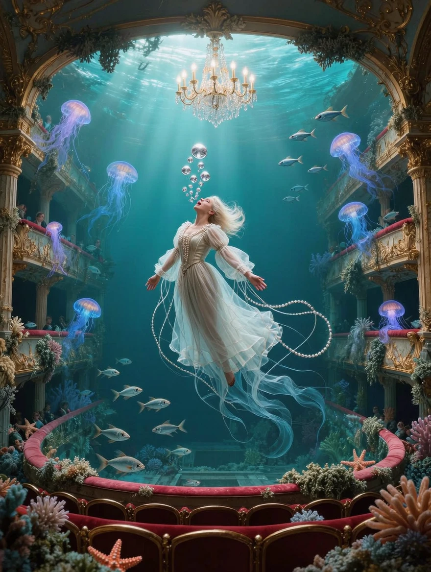 A hauntingly beautiful opera singer performing underwater in a submerged Baroque theater, her body suspended in the turquoise depths mid-aria with her head tilted back and mouth open in song, wearing an elaborate 18th-century court gown of ivory silk that billows and undulates around her in slow-motion fluid dynamics, the fabric weightless and spread like jellyfish tentacles, dozens of baroque pearl strands drifting from her neck and wrists, her long platinum blonde hair fanning out in a perfect halo above her head defying gravity, tiny silver air bubbles escaping from her lips and trailing upward like a constellation, the ornate theater around her features gilded balconies encrusted with barnacles and coral growth, red velvet seats now hosting sea anemones and starfish, a crystal chandelier overhead refracted through the water surface creating dancing caustic light patterns across every surface, bioluminescent deep-sea creatures serving as the audience — translucent jellyfish pulsing with soft blue and violet light in the balcony seats, schools of silvery fish swirling in coordinated patterns through the aisles, the entire scene bathed in an ethereal combination of the aquamarine ambient water light from above and the warm bioluminescent glow from below, creating a surreal dual-temperature color palette, shot with an ultra-wide angle to capture the full grandeur of the submerged architecture, tilt-shift miniature effect on the edges, painted with the hyperrealistic precision of a Dutch Golden Age still life but with the fantastical imagination of James Jean and Alphonse Mucha, 8K resolution with subsurface scattering on the skin and fabric