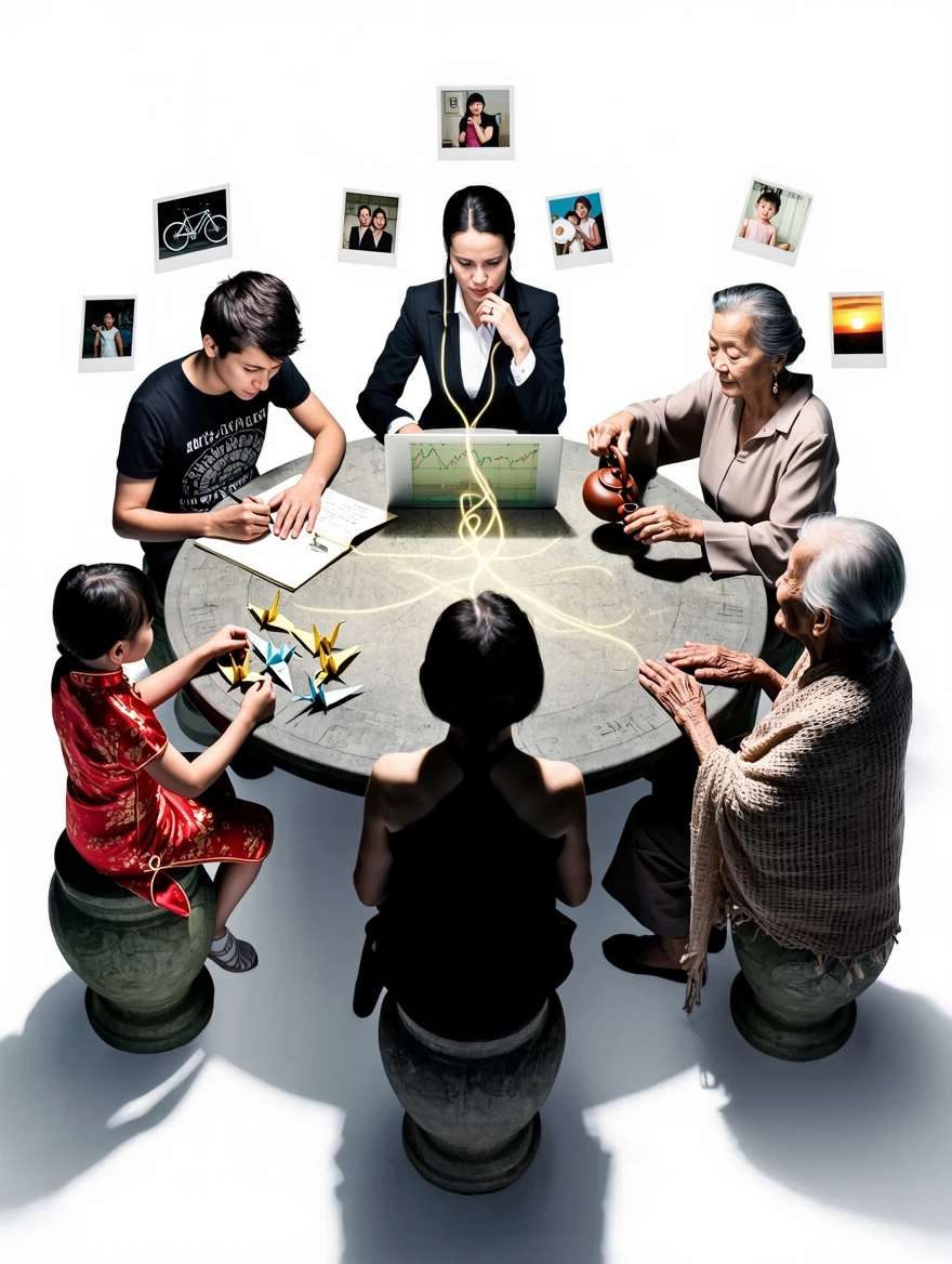 A conceptual surrealist composition showing five versions of the same East Asian woman at different life stages sitting around a circular stone table in a vast white void, the five-year-old version in a red qipao sitting cross-legged on her chair too big for her playing with origami cranes, the teenage version at fifteen with dyed streaks in her hair and a rebellious expression wearing a band t-shirt and sketching furiously in a notebook, the twenty-five-year-old version in professional business attire looking stressed while staring at a laptop with stock charts, the fifty-year-old version in comfortable linen clothing with laugh lines and gray-streaked hair pouring tea with serene confidence, and the eighty-year-old version with deep wrinkles and knowing eyes wrapped in a hand-knitted shawl simply watching all the others with a gentle smile, each version casting a shadow that belongs to the next older version of herself, the stone table surface showing a timeline etched into it connecting all five positions like a clock face, subtle golden threads of light connecting their hearts in a pentagonal pattern visible only if you look closely, the white void gradually reveals faint memories specific to each age floating behind them like transparent Polaroid photographs — a bicycle, a diploma, a wedding ring, a child's drawing, a sunset, the lighting is perfectly even and soft eliminating all harsh shadows except the mismatched ones beneath each figure, the overall composition is symmetrical and meditative, rendered in a style blending the photorealistic precision of Gregory Crewdson with the conceptual surrealism of Erik Johansson, ultra-high definition with tack-sharp focus across all five figures simultaneously