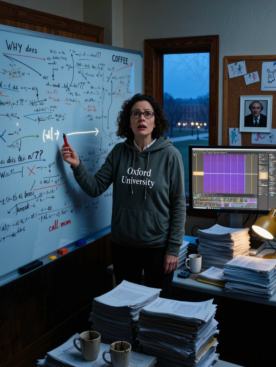 A middle-aged female quantum physicist captured at the exact millisecond of a paradigm-shifting eureka moment in her office at 3:47 AM, she has frozen mid-stand from her ergonomic chair which is still spinning behind her, her reading glasses sliding down her nose, her dark curly hair disheveled from hours of running her hands through it, wearing a rumpled Oxford University hoodie over yesterday's blouse, her expression a perfect mixture of disbelief and dawning ecstatic comprehension with slightly parted lips and widened hazel eyes reflecting the blue light of her monitors, her right hand holding a red dry-erase marker suspended in mid-air having just completed a crucial equation on the floor-to-ceiling glass whiteboard that dominates the frame, the whiteboard is a masterpiece of organized chaos — layers upon layers of handwritten equations in multiple colors with arrows connecting concepts across the entire surface, crossed-out dead ends, small desperate notes to herself in the margins like "WHY does this break at n>7??" and "COFFEE" and "call mom", the critical final line she just wrote glowing with an subtle ethereal luminance suggesting its importance, her cramped office cluttered with tottering stacks of arXiv preprints, three half-empty coffee mugs in various stages of growing mold, a framed photo of Feynman tacked to a corkboard alongside her children's crayon drawings and a Far Side comic about Schrödinger's cat, dual ultrawide monitors showing complex simulation visualizations of quantum field interactions in false-color purple and gold, the only lighting is the cold blue monitor glow from the front and a warm amber desk lamp creating a split-tone lighting scheme across her face that metaphorically represents the duality she just resolved, outside the single window behind her the MIT campus is visible in pre-dawn navy blue with a few scattered lights, the composition places her slightly off-center with the whiteboard equation as the true focal point she is turning toward, rendered in photojournalistic documentary style as if captured by a hidden camera for a Nature magazine profile, subtle film grain suggesting Kodak Tri-X 400 pushed to 1600 ISO, available light photography aesthetic