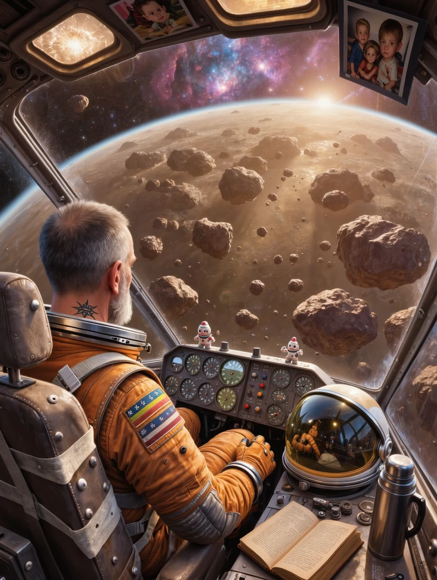 A veteran deep-space asteroid miner in his final shift before retirement, sitting alone in the cramped cockpit of his battered single-operator mining vessel, seen from behind and slightly to the right so we catch his weathered profile against the vast panorama of space through the cockpit's scratched and pitted wraparound viewport, he is a heavyset man in his early 60s with close-cropped gray hair and a thick neck bearing a faded tattoo of a compass rose, still wearing his scarred orange EVA suit with the helmet removed and resting on the console beside a thermos and a dog-eared paperback novel, the suit's chest plate displays countless scratches, welding burns, and patched micrometeorite punctures each telling a story of decades of dangerous work, his calloused hands rest on the worn armrests of a pilot seat whose leather is cracked and molded perfectly to his body shape after thousands of hours, the cockpit interior is a claustrophobic nest of analog gauges and retrofuturistic technology — toggle switches with hand-written labels in electrical tape, a bobblehead of some long-forgotten sports mascot on the dashboard, photos of his family taped to the overhead panel showing his children growing up over the years from babies to adults with their own children, through the viewport an absolutely breathtaking vista — a massive asteroid field stretching to infinity with rocks ranging from pebbles to mountains slowly tumbling in the void, each one lit on one side by the distant sun creating a field of crescents and shadows, and beyond them the overwhelming beauty of a nebula in deep magenta and electric cyan filling half the sky like a cosmic waterfall, the lighting inside the cockpit comes from the warm amber instrument panel glow contrasting with the cold blue-white nebula light streaming through the viewport creating a perfect warm-cool split across the entire scene, his expression visible in the reflection on the viewport glass — tired but peaceful, contemplative, perhaps slightly sad, a man quietly saying goodbye to the only life he has known, the composition uses strong leading lines from the cockpit architecture converging on the nebula vista to create immense depth, the overall mood is one of profound solitude and bittersweet finality, rendered in the aesthetic tradition of Syd Mead's industrial futurism crossed with Andrew Wyeth's intimate American realism, with the lighting sensibility of Roger Deakins, ultra-detailed hard science fiction art, 8K