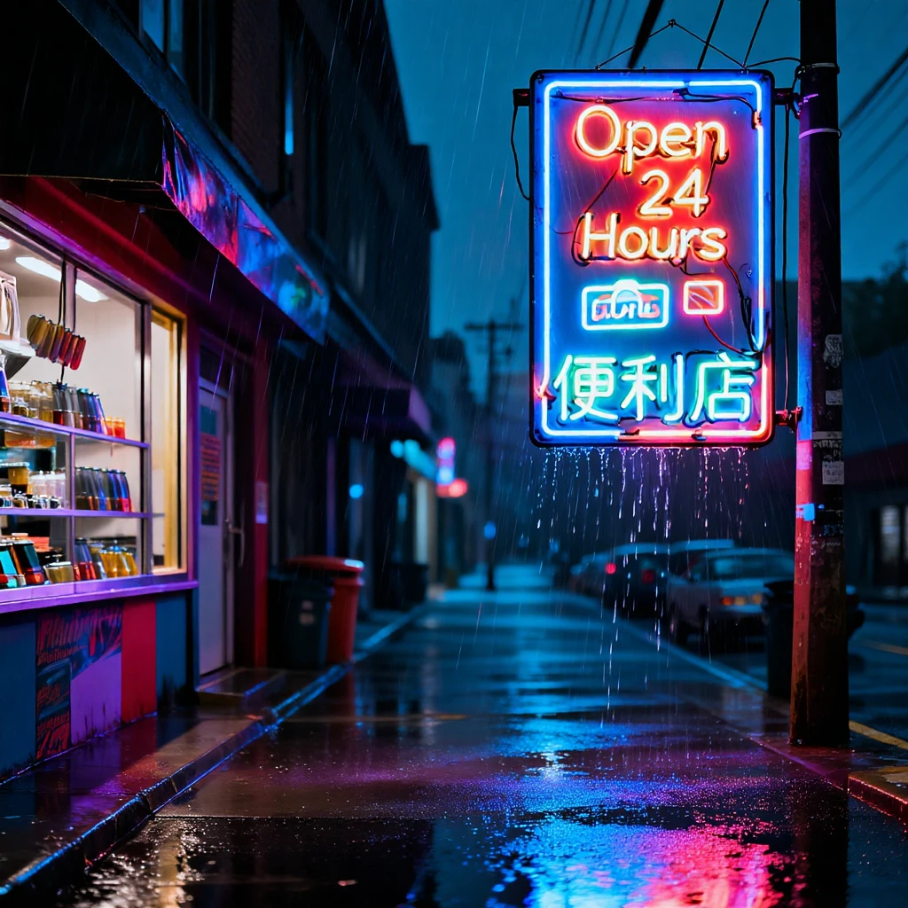 A rainy cyberpunk street at night, a bright neon sign hanging on the wall that says "Open 24 Hours" and "便利店". Cinematic lighting, realistic reflections on the wet ground.