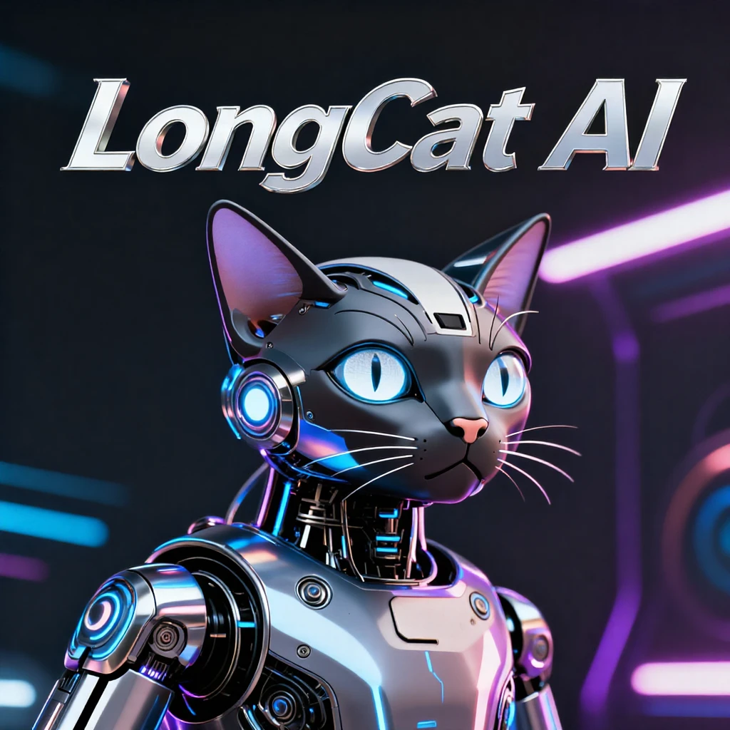 A creative movie poster design. In the center is a futuristic robot cat. The title text "LongCat AI" is written in large, bold, metallic letters at the top. High contrast, 8k resolution.