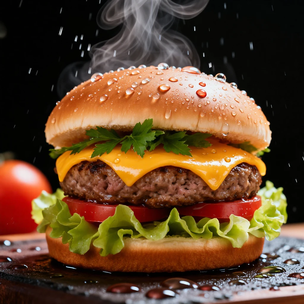 Professional food photography of a delicious beef burger with melted cheese, fresh lettuce, and tomatoes. Steam rising, water droplets on the vegetables, shallow depth of field, studio lighting