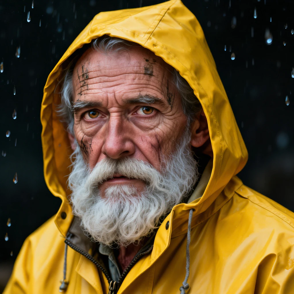 A hyper-realistic close-up portrait of an old fisherman with a white beard, wearing a yellow raincoat. detailed skin texture, weather-beaten face, dramatic lighting, sharp focus on eyes.