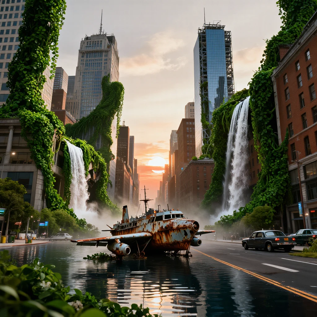 A panoramic view of a ruined modern metropolis reclaimed by nature. Skyscrapers are collapsing and covered in massive green vines and waterfalls. A rusted aircraft carrier sits in the middle of a flooded street. Sunset lighting, melancholic atmosphere, highly detailed textures, movie concept art.