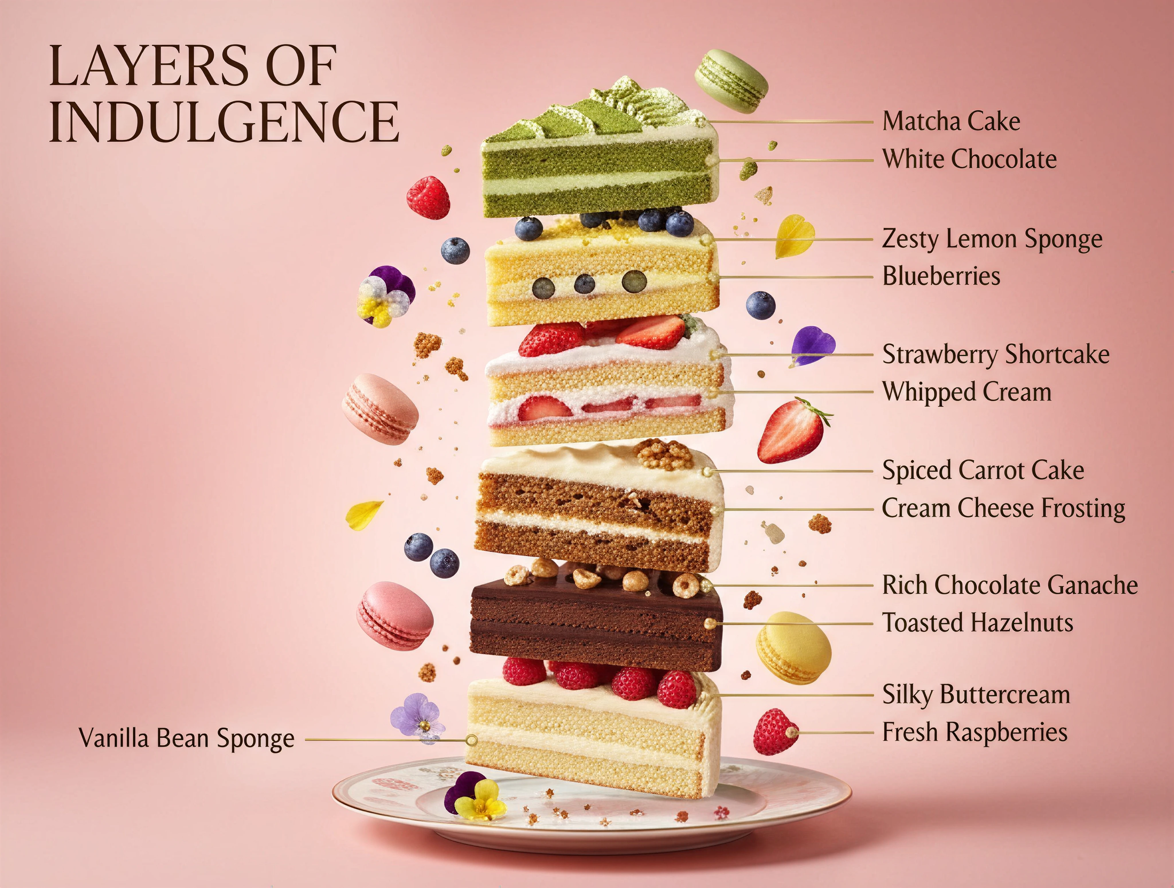 "resolution": "8K ultra high definition",
"style": "hyper - realistic food illustration with editorial infographic overlays",
"lighting": "soft directional key light, subtle rimlight'
"scene_description": "A vertical stack of cake slices floating above a plate against soft pink gradient background",
"motion_elements": ["floating fruits", "floating macarons", "crumbs suspended in air"],
"text_design": {
"ingredient_name_color": "metallic gold",
"indicator_lines": "long, thin, smooth golden lines with rounded corners"