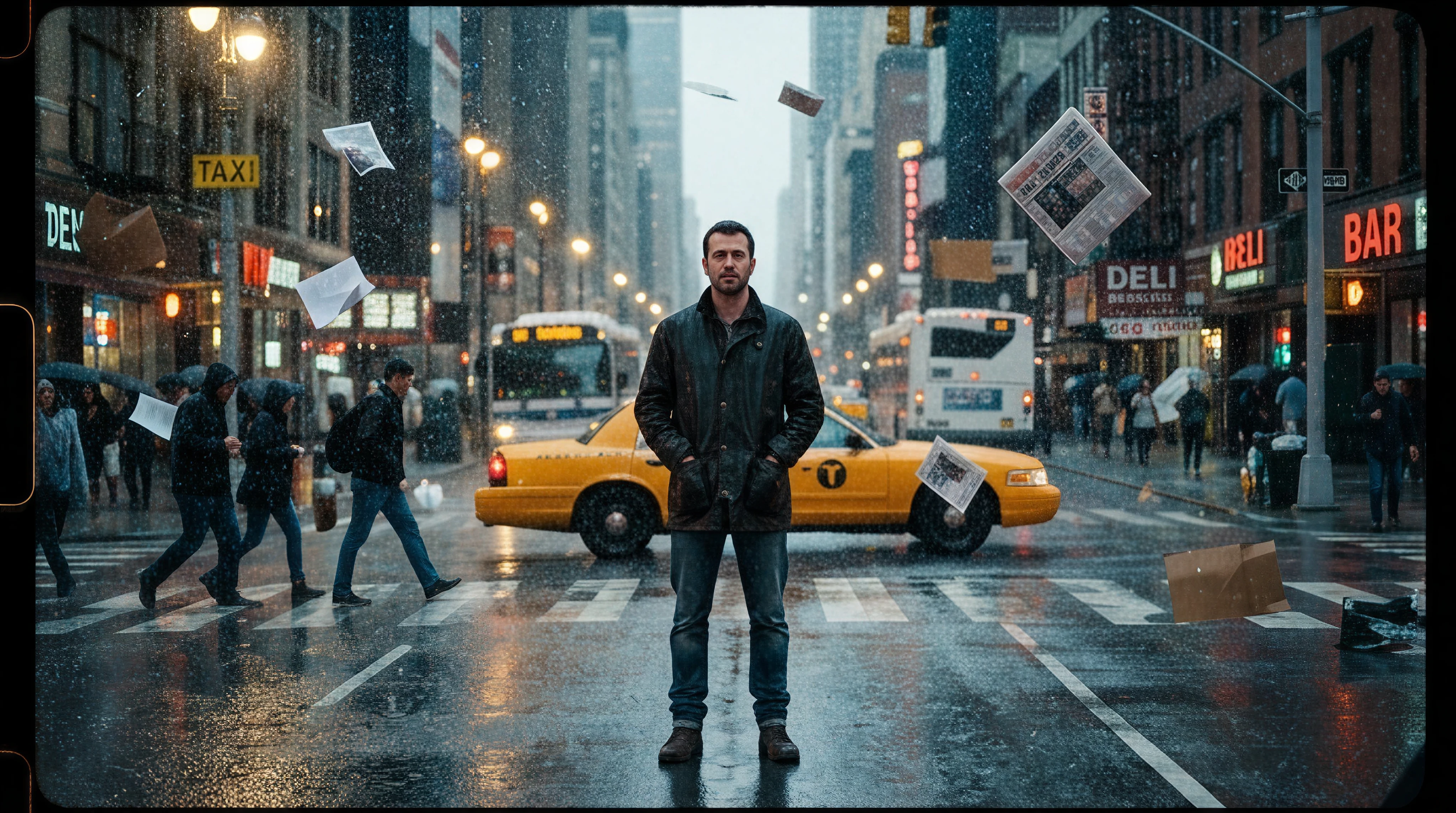 a man standing in the middle of a busy city street while everything around him is frozen in time, suspended rain drops and floating papers, dramatic cinematic lighting, epic composition, hyper realistic, movie still, 8k
