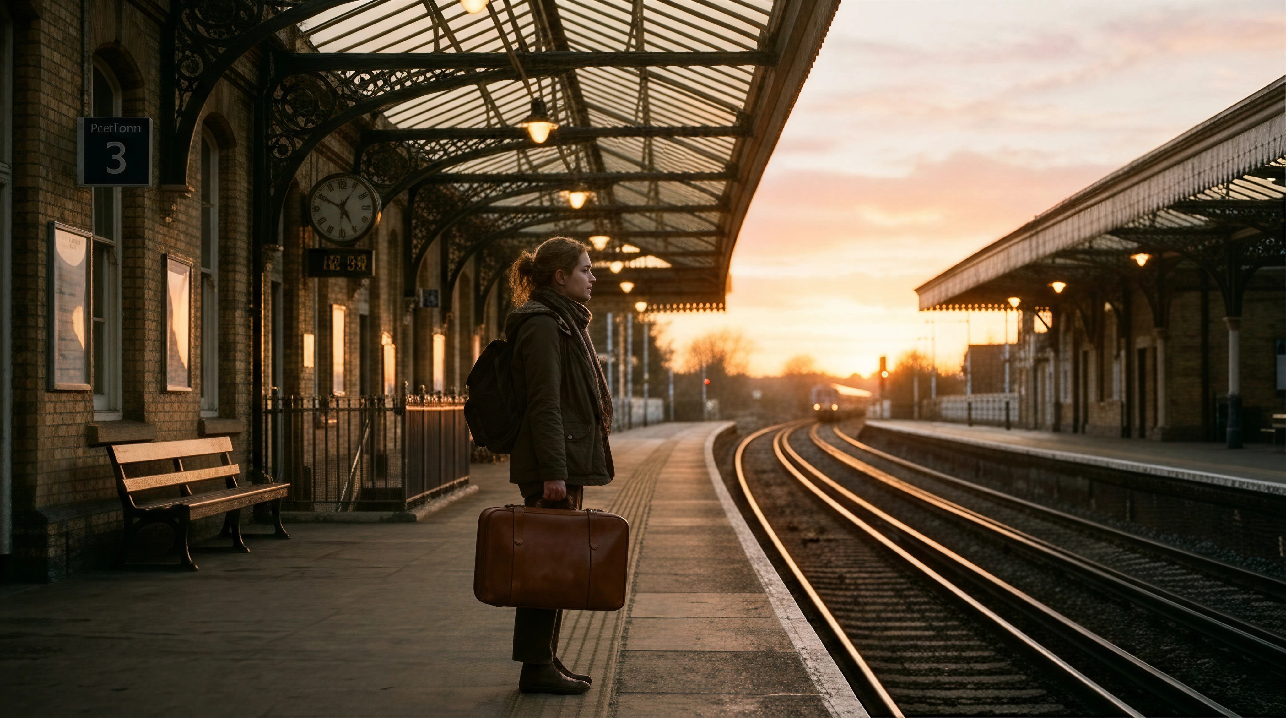 a quiet train platform at sunset, golden sunlight streaming through the station roof, a traveler holding a suitcase waiting alone, cinematic composition, film still, warm color grading, 35mm lens