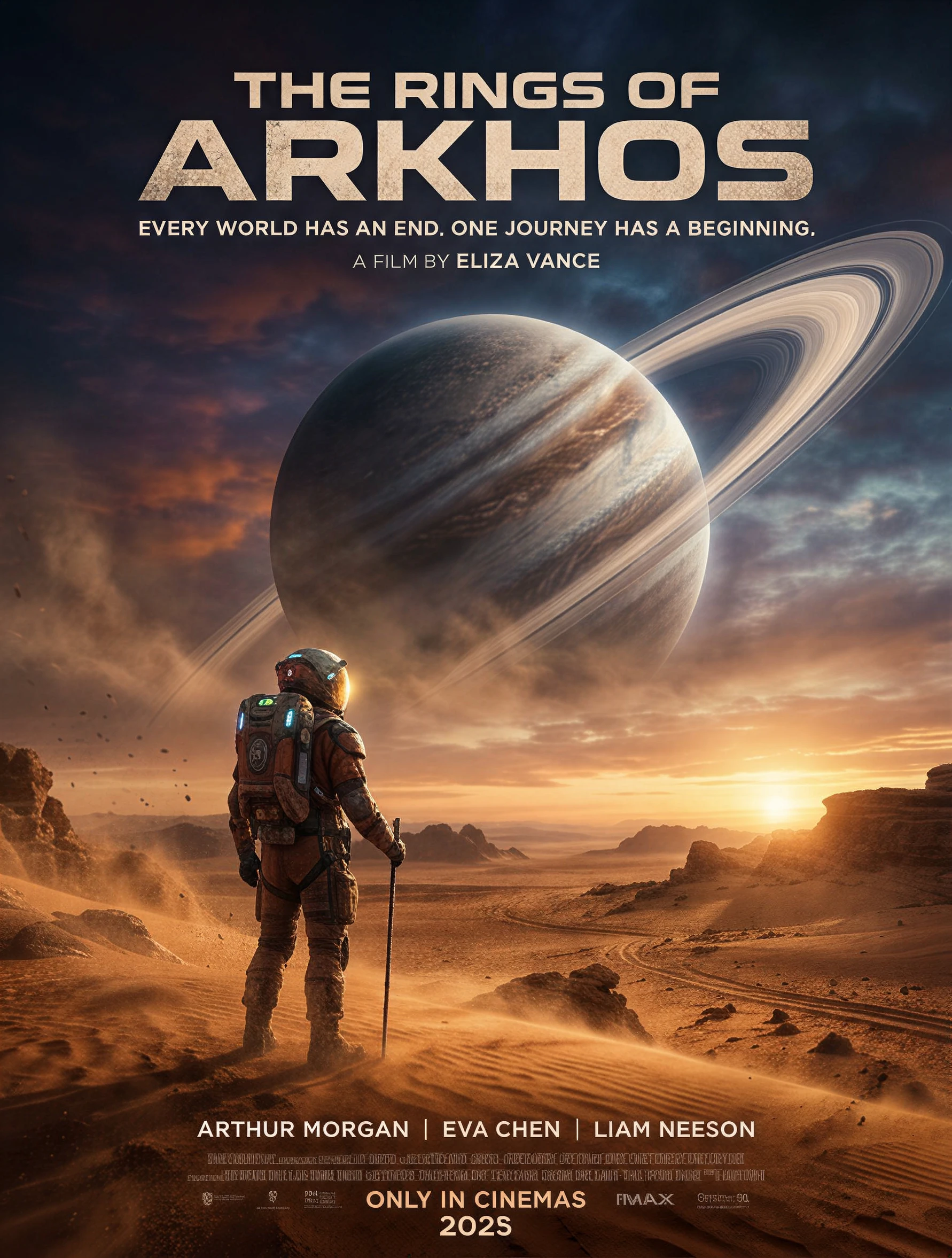 an epic sci-fi movie poster, a lone astronaut standing on a vast desert planet, a gigantic ringed planet rising in the sky, dramatic sunset lighting, blowing sand, cinematic composition, IMAX scale, photorealistic, space for title at the top, film poster design, ultra detailed