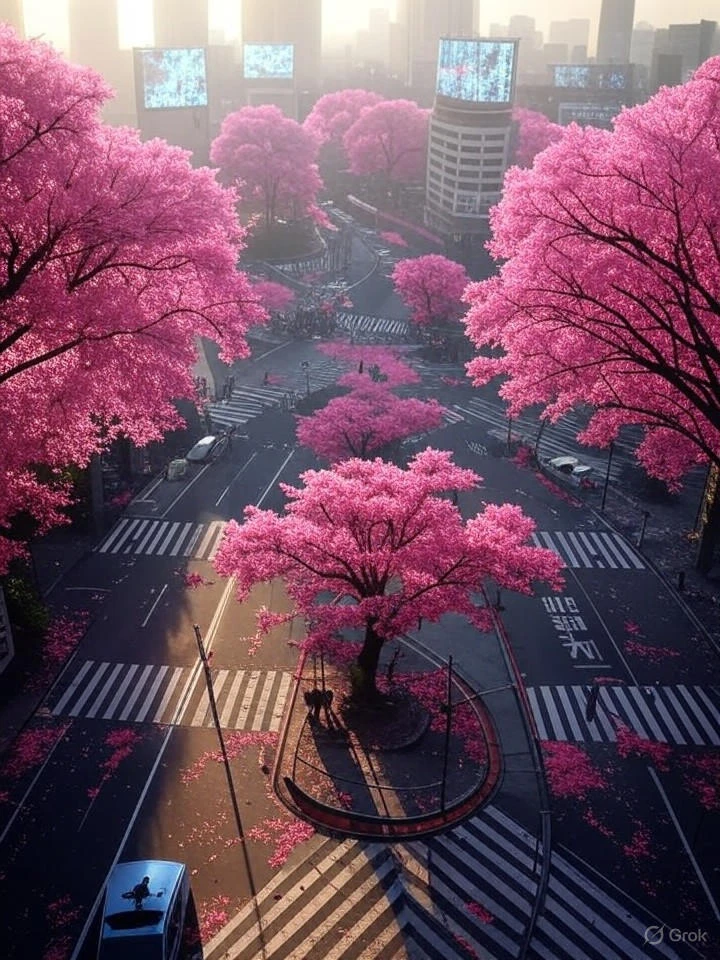 Cinematic aerial view of a post-apocalyptic Tokyo at sunrise, overgrown with massive glowing cherry blossom trees that emit pink particles, abandoned Shibuya crossing completely covered in petals, giant broken holographic billboards still flickering, golden rays piercing through thick fog, thousands of crows flying overhead, ultra-realistic, shot on 70mm IMAX, anamorphic lens flares, emotional masterpiece, 8K
