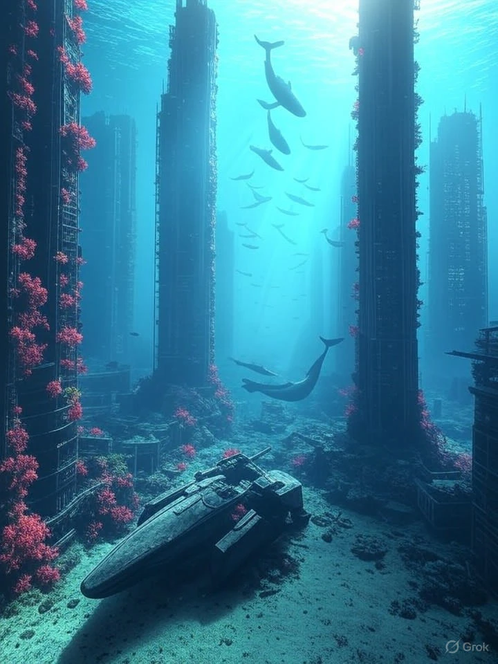 Breathtaking underwater scene of an ancient sunken cyberpunk city, massive skyscrapers covered in coral and bioluminescent algae, schools of whales swimming between buildings, rays of sunlight piercing through the surface creating god rays, abandoned mecha lying on the seabed, ethereal beauty, hyper-realistic, national geographic style meets blade runner 2049, 8K