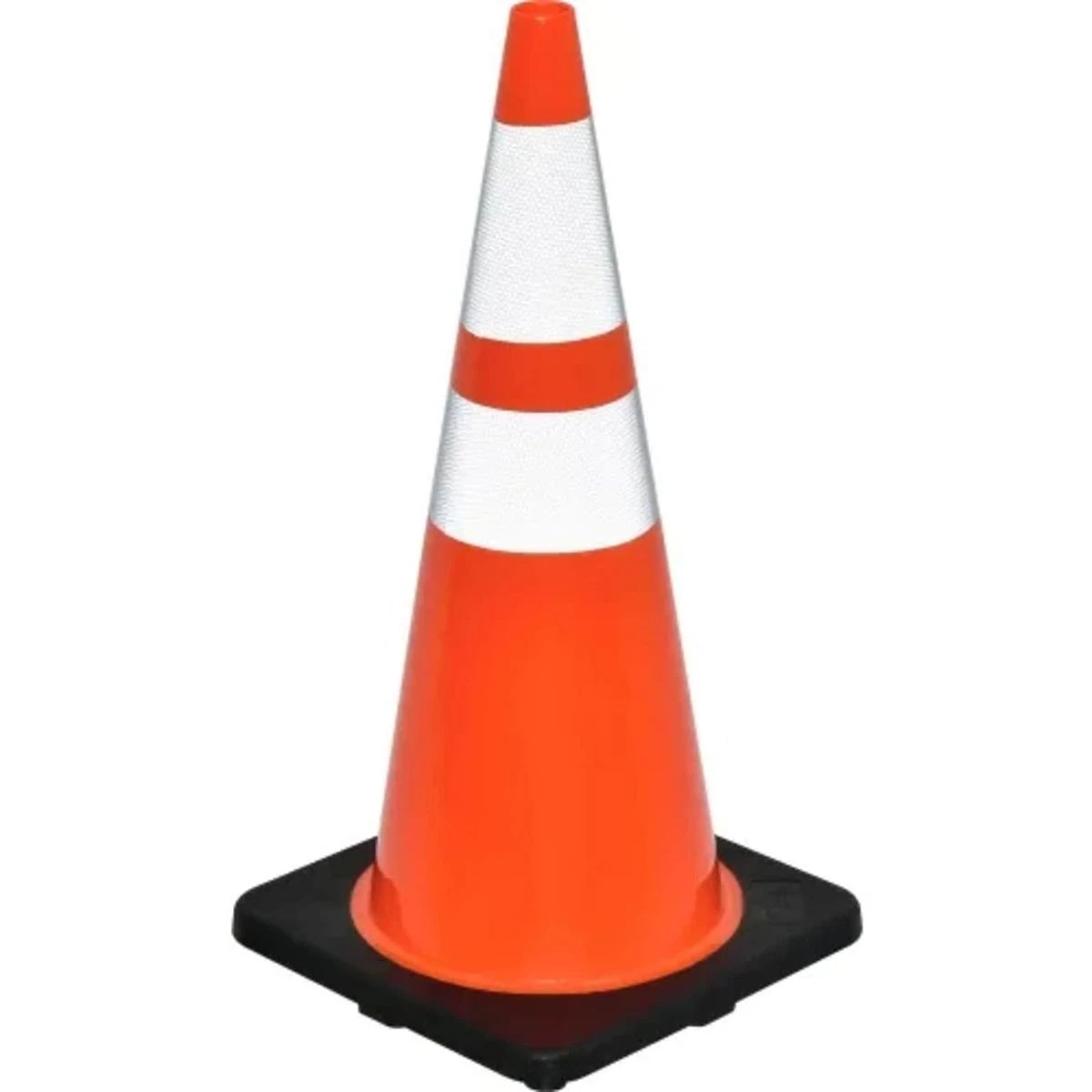 a single bright orange traffic cone with two white reflective stripes, centered in the image, isolated object, clear edges, clean silhouette