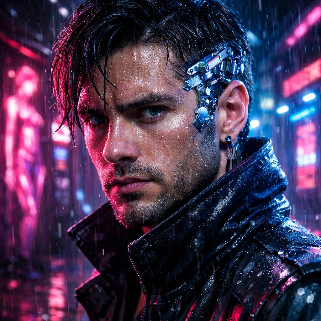 Portrait of a cyberpunk hacker, neon pink and blue rim lighting, chrome cybernetic implants on temple, rain droplets on skin, dark alley background with holographic advertisements, hyper-detailed, 8K