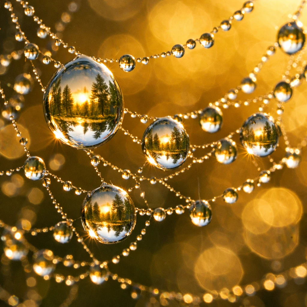 Macro photograph of morning dew drops on spider web, each droplet reflecting a tiny forest landscape, soft bokeh background, golden backlight, extreme detail, nature photography