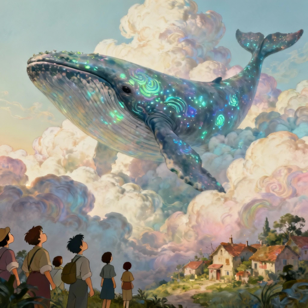 Surrealist artwork of a giant whale swimming through clouds above a tiny village, bioluminescent patterns on whale skin, villagers looking up in wonder, dreamlike atmosphere, style of Salvador Dalí meets Hayao Miyazaki