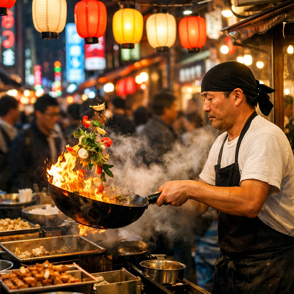 Street food market in Tokyo at night, chef tossing flaming wok with vegetables mid-air, steam rising, colorful paper lanterns overhead, motion blur on crowd in background, vibrant neon signs, photojournalism style