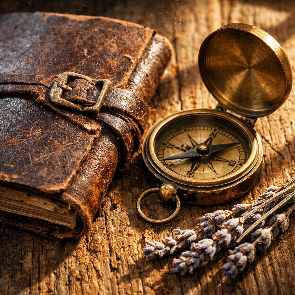 Still life of a weathered leather journal, antique brass compass, dried lavender sprigs, on rough oak table, window light casting long shadows, dust particles in air, extreme texture detail, 100mm macro