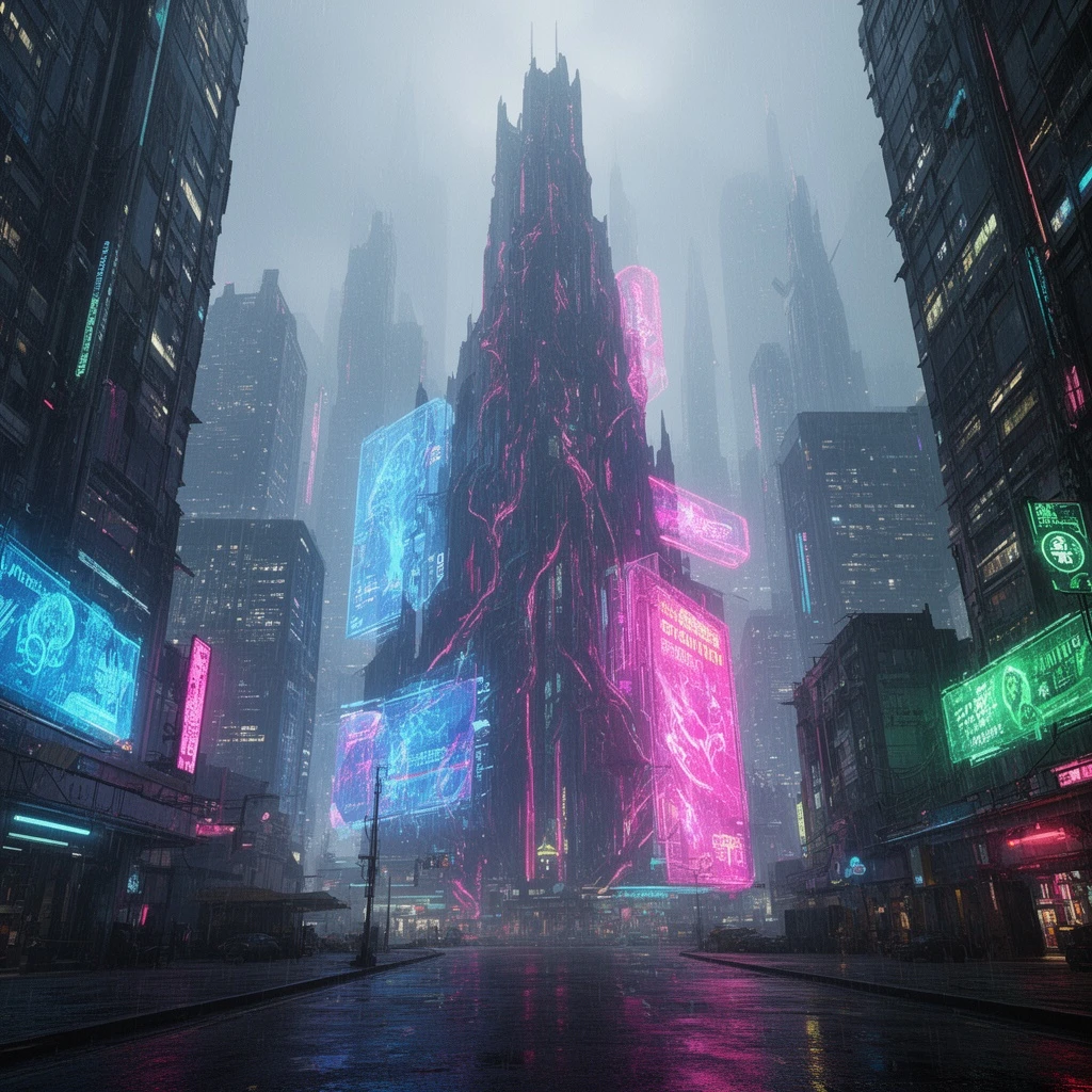 A massive cyberpunk megacity at night, neon reflections on wet roads, enormous holograms, dense high-rise buildings, atmospheric fog.

