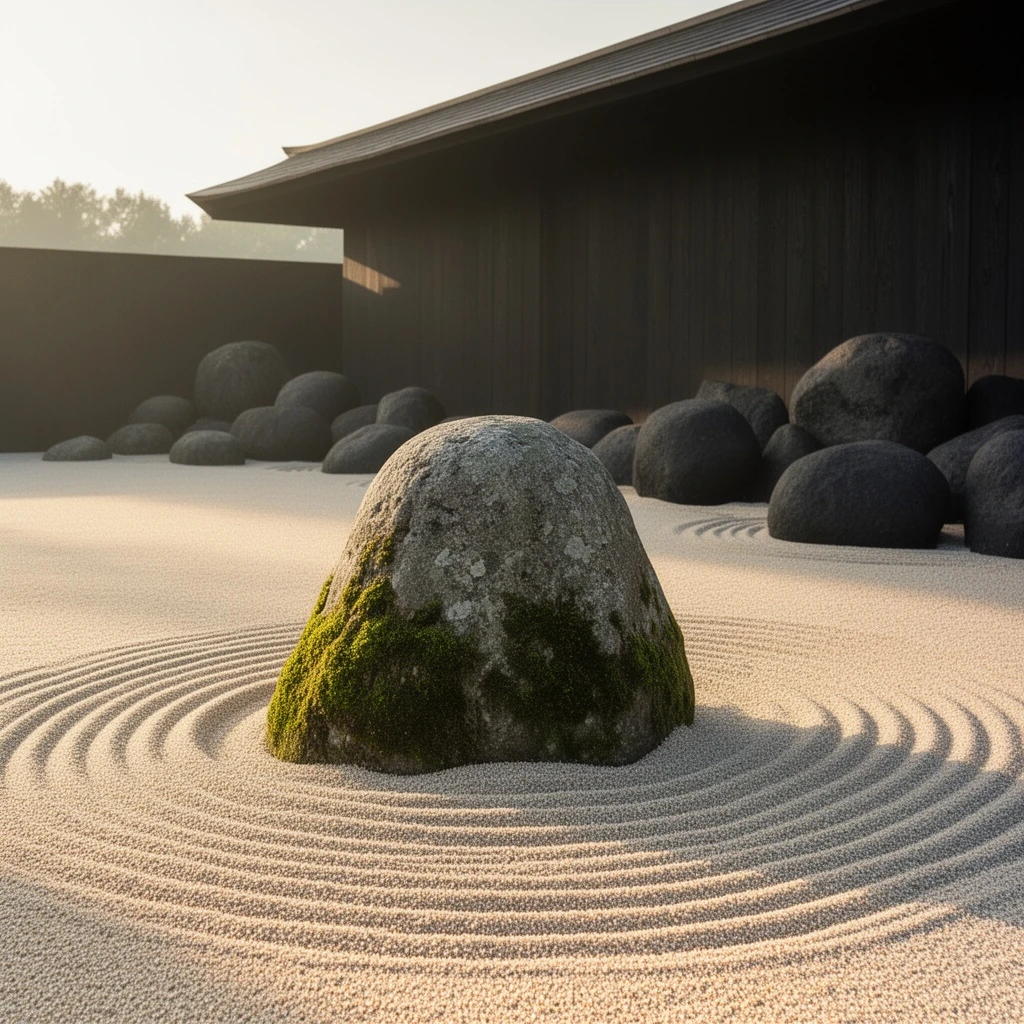 A serene Japanese zen garden with raked sand, moss stones, minimal wooden architecture, morning sun, tranquil mood.
