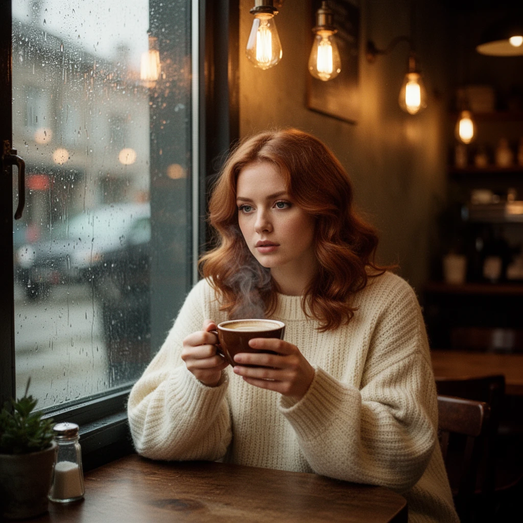 Cinematic portrait of a 25-year-old woman with auburn hair in soft waves, sitting by a rain-streaked window in a dimly lit café, wearing an oversized cream knit sweater, holding a steaming cup of coffee, warm tungsten lighting from vintage Edison bulbs above, shallow depth of field, Kodak Portra 800 film aesthetic, melancholic mood