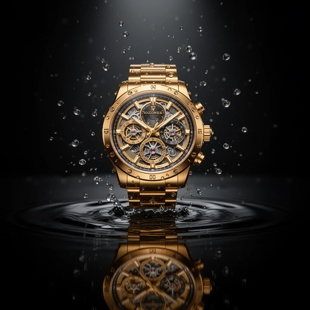 Luxury product photograph of a gold mechanical wristwatch floating above black water surface, perfect reflection beneath, dramatic rim lighting highlighting brushed metal details, water droplets suspended in air, ultra sharp focus on dial complications, premium advertising campaign quality, 8K photorealistic