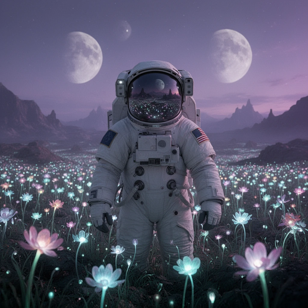 Photorealistic science fiction scene of an astronaut in white spacesuit standing in a field of glowing bioluminescent flowers on an alien planet, two moons visible in the purple twilight sky, helmet visor reflecting the ethereal landscape, cinematic lighting, Ridley Scott film aesthetic, IMAX quality