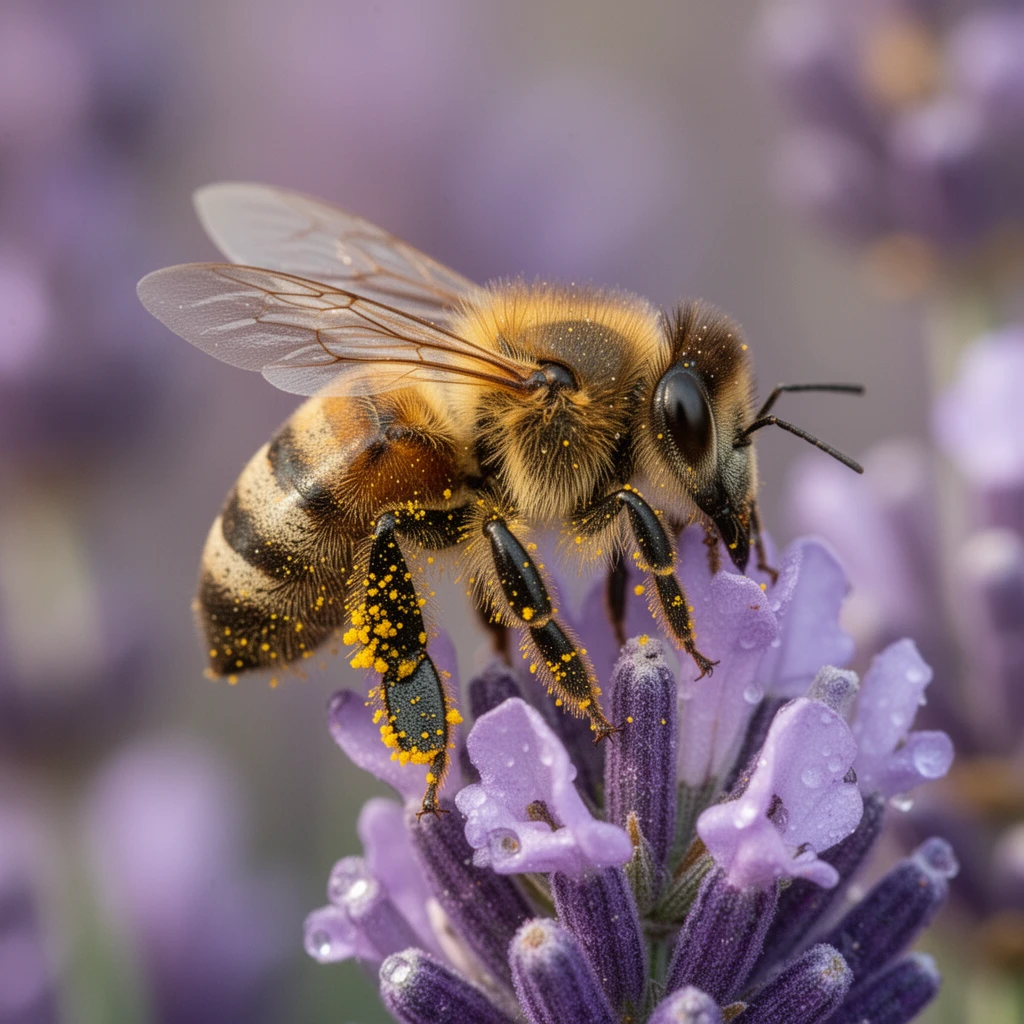 Extreme macro photograph of a honeybee collecting pollen from a lavender flower, individual pollen grains visible on fuzzy legs, translucent wings with visible veins, shallow depth of field isolating subject, soft purple bokeh background, morning dew droplets on petals, scientific precision with artistic beauty
