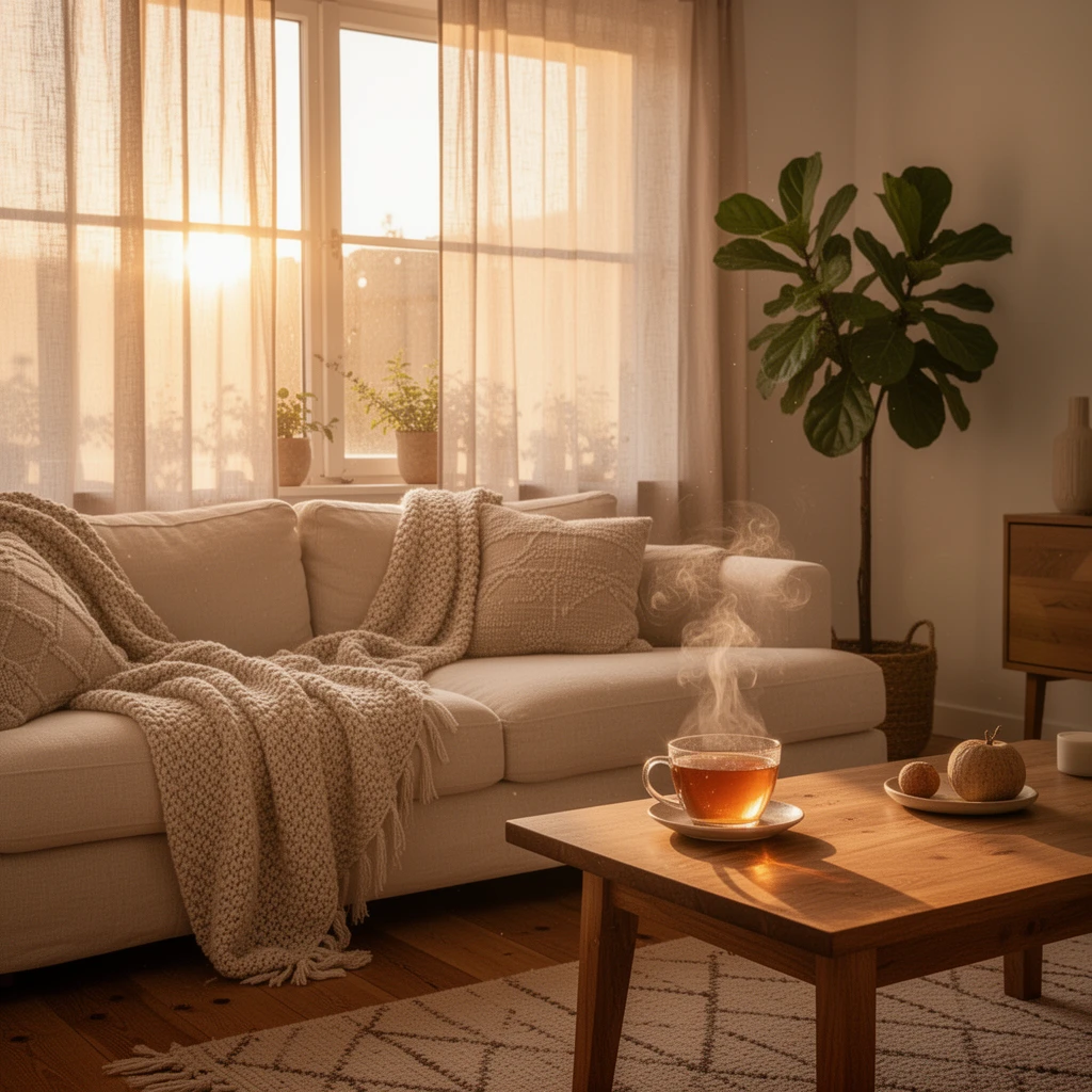 Cozy Scandinavian living room interior at golden hour, soft sunlight streaming through sheer linen curtains, plush cream sofa with textured throw blankets, fiddle leaf fig plant in corner, warm wood floors, steaming cup of tea on coffee table, hygge atmosphere, interior design magazine quality, natural and inviting