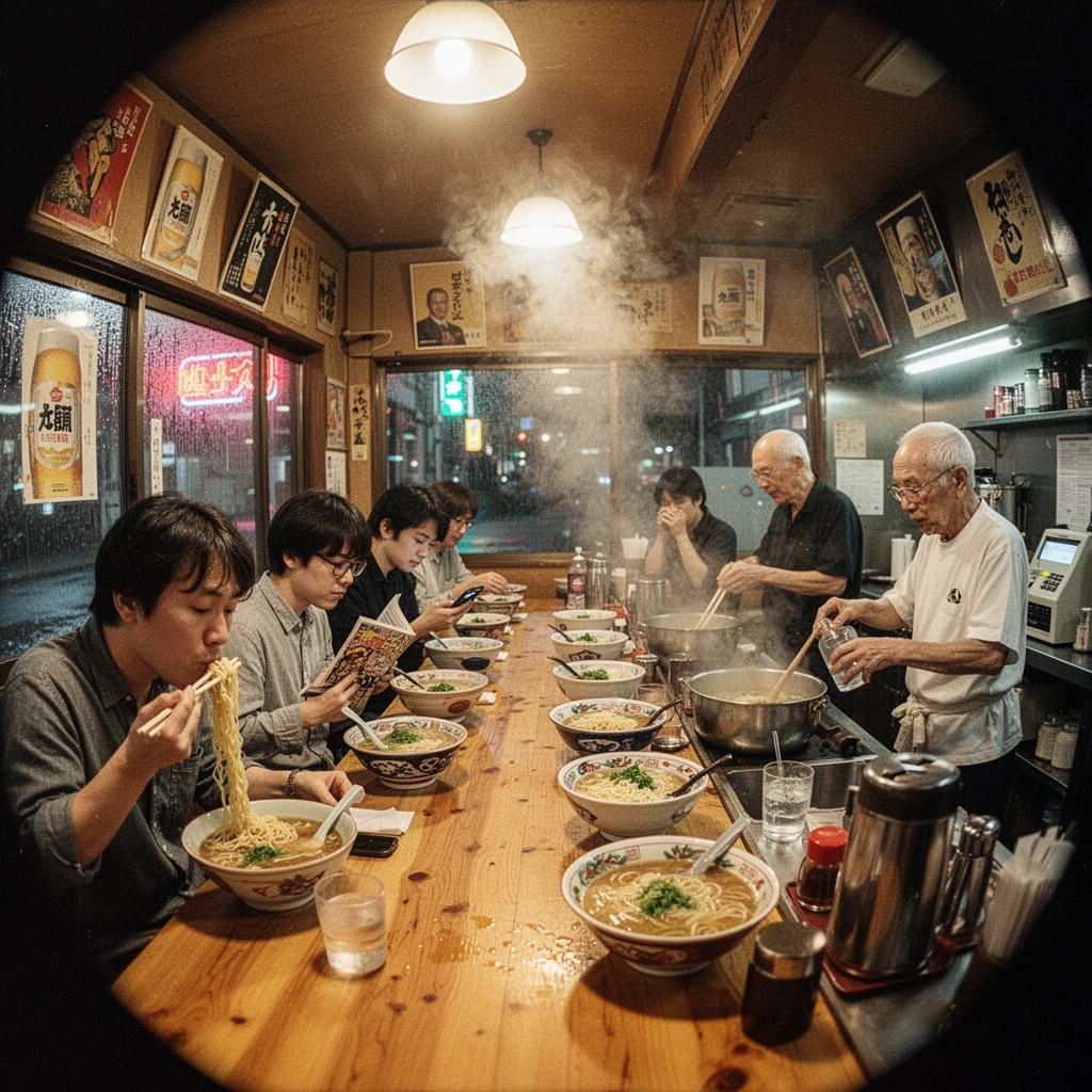 A busy Japanese ramen shop interior at night, exactly 7 customers sitting at the counter in a row, each person with distinctly different appearance and posture - first person slurping noodles with chopsticks raised, second person reading a manga, third person checking phone, fourth person talking to the chef, fifth person waiting with hands folded, sixth person pouring water, seventh person paying at register, elderly chef behind counter stirring a steaming pot, dense steam rising and catching warm tungsten light, wooden counter with 7 different ramen bowls at various stages of being eaten, vintage Japanese beer posters on walls, rain visible through foggy window, reflections of neon signs, Kodak Portra 800 film grain, 35mm wide angle lens distortion at edges