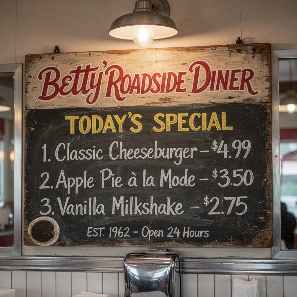 Vintage 1960s American diner menu board, hand-painted wooden sign reading "BETTY'S ROADSIDE DINER" in cherry red cursive script at top, below in yellow block letters "TODAY'S SPECIAL", underneath in white chalk: "1. Classic Cheeseburger - $4.99" "2. Apple Pie à la Mode - $3.50" "3. Vanilla Milkshake - $2.75", small text at bottom reading "EST. 1962 - Open 24 Hours", coffee stain ring in corner, slightly faded paint with authentic wear, warm incandescent bulb lighting from above, chrome napkin dispenser reflection visible, photorealistic detail