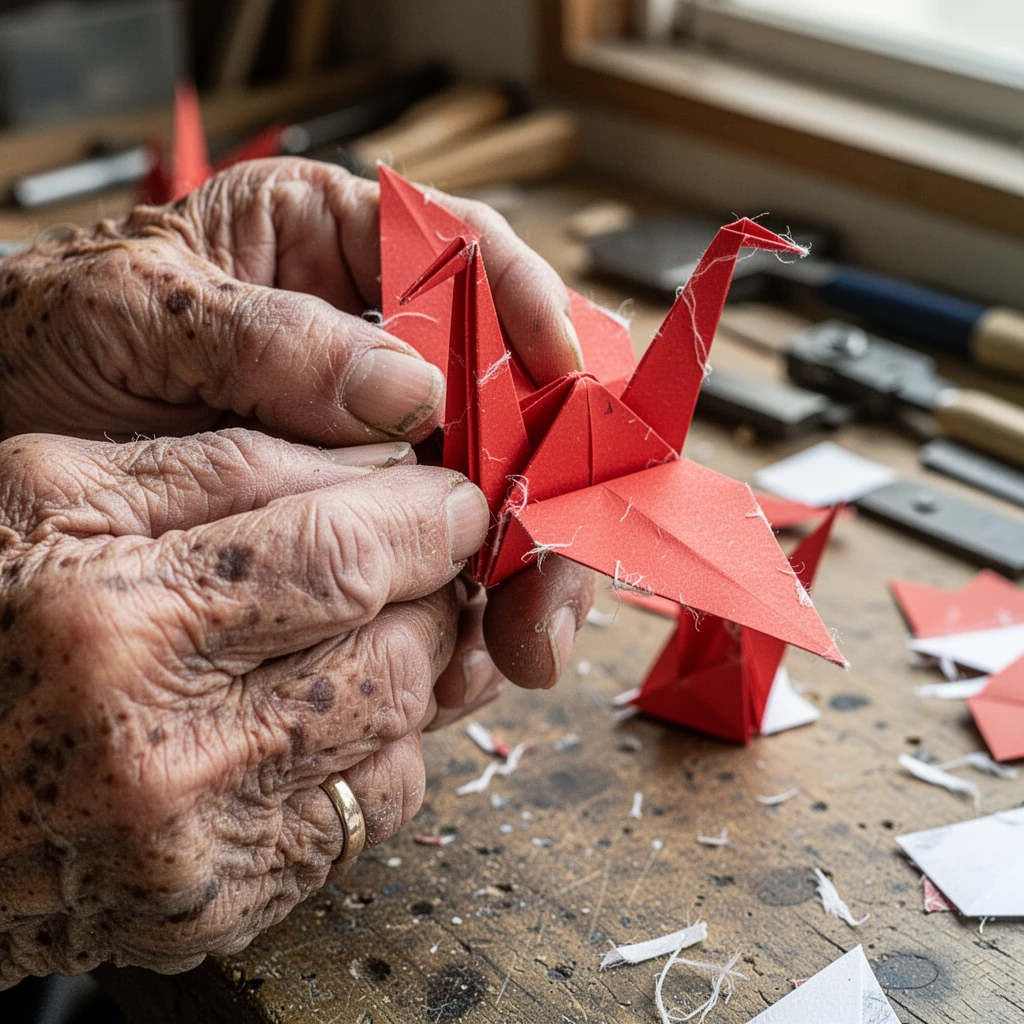 Extreme close-up of elderly Japanese craftsman's weathered hands performing intricate origami, fingers precisely folding red washi paper into a crane, each fold creating sharp geometric creases, visible calluses and age spots on skin, short trimmed fingernails with slight dirt underneath, wedding ring on left hand worn thin from decades, paper fibers visible at fold edges, wooden workbench surface with scattered paper scraps, natural north-facing window light, shallow depth of field with background tools blurred, macro photography level detail, every fingerprint whorl visible