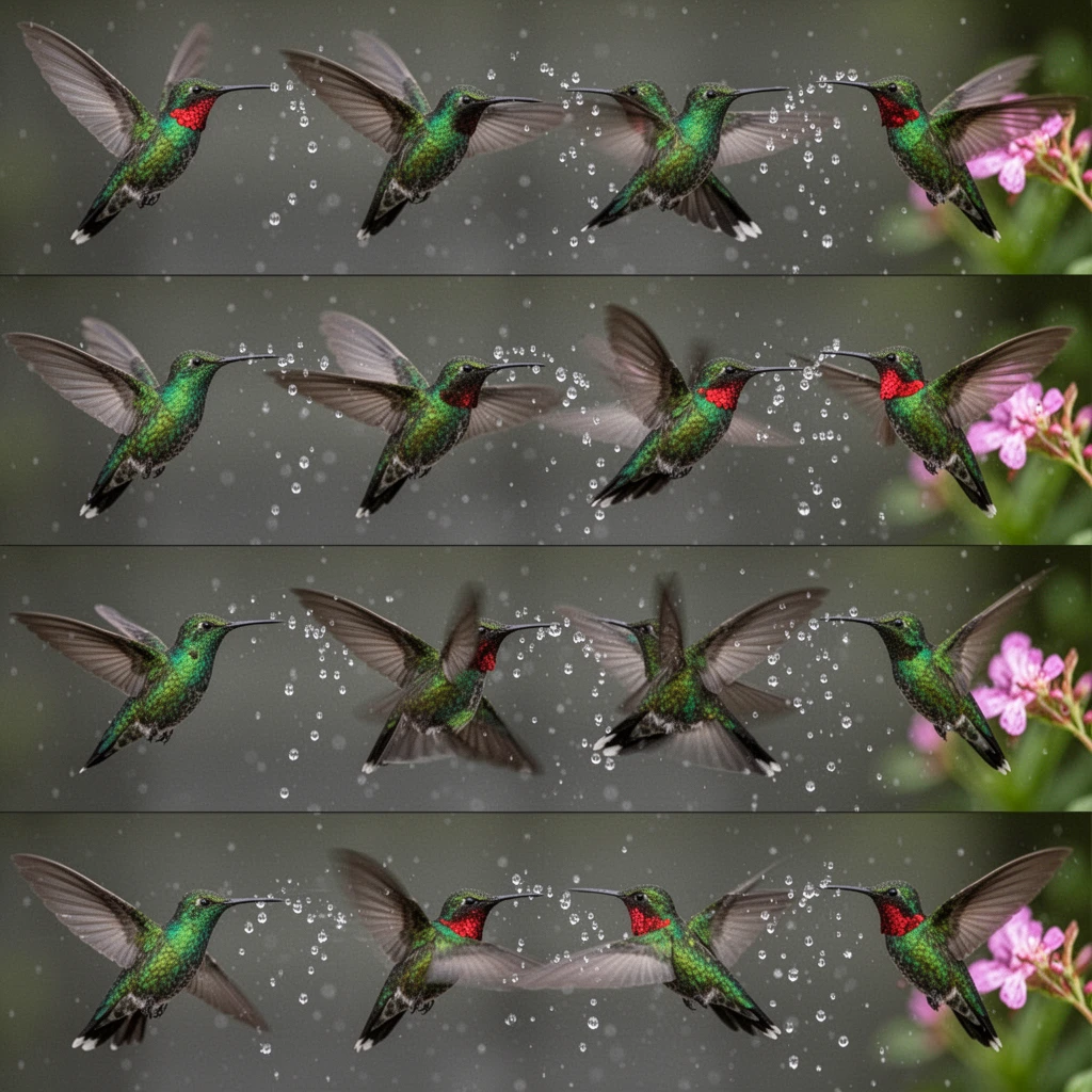 Single frame containing 12 sequential phases of a hummingbird's wing beat cycle arranged in horizontal strip like Muybridge motion study, each phase showing slightly different wing position from full upstroke to full downstroke, iridescent green feathers catching light differently at each angle, frozen water droplets from nearby fountain at different positions showing trajectory, ruby red throat gorget flashing at different intensities, flower remaining static while bird moves, high-speed photography aesthetic at 10000fps equivalent, scientific motion analysis composition, each of the 12 instances razor sharp