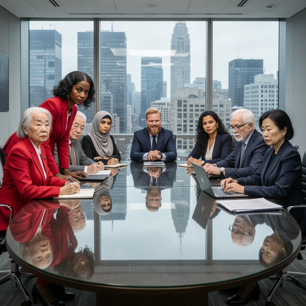 Corporate boardroom photograph of exactly 9 executives seated around oval table, each with distinct ethnicity, age, and expression - Nigerian woman (50s) in bold red power suit leaning forward assertively, elderly Japanese man (70s) with silver hair and calm contemplative expression, young Indian man (30s) checking smartwatch impatiently, Middle Eastern woman in hijab (40s) taking notes, Scandinavian man (45) with blonde beard laughing at something off-frame, Latina woman (35) with skeptical raised eyebrow, elderly white man (75) appearing to doze off slightly, young Black man (28) in trendy glasses presenting on laptop, Chinese woman (55) with stern expression reviewing documents - glass table reflecting all faces from below, floor-to-ceiling windows showing city skyline, each person's body language telling different story, Forbes magazine corporate photography
