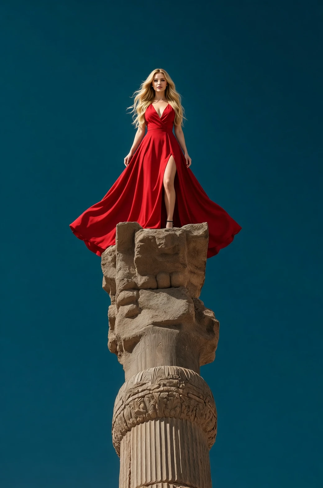 Replace the man with a beautiful woman with long blonde hair and a low-cut red dress.