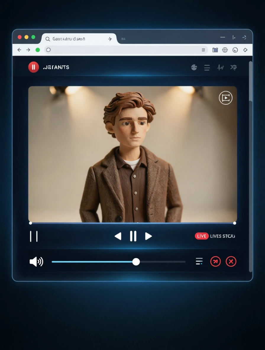 Render the image as if displayed inside a modern web browser’s live streaming software interface — with a realistic browser window frame, visible address bar, tabs, and system UI elements. The image appears embedded in a central video player area, surrounded by typical streaming platform controls: volume slider, playback buttons, full-screen toggle, and a live status indicator. The background should resemble a clean, dark-themed streaming dashboard with subtle UI glow effects. Ensure the image is centered, framed naturally within the browser window, and rendered with high fidelity to simulate real-time streaming.