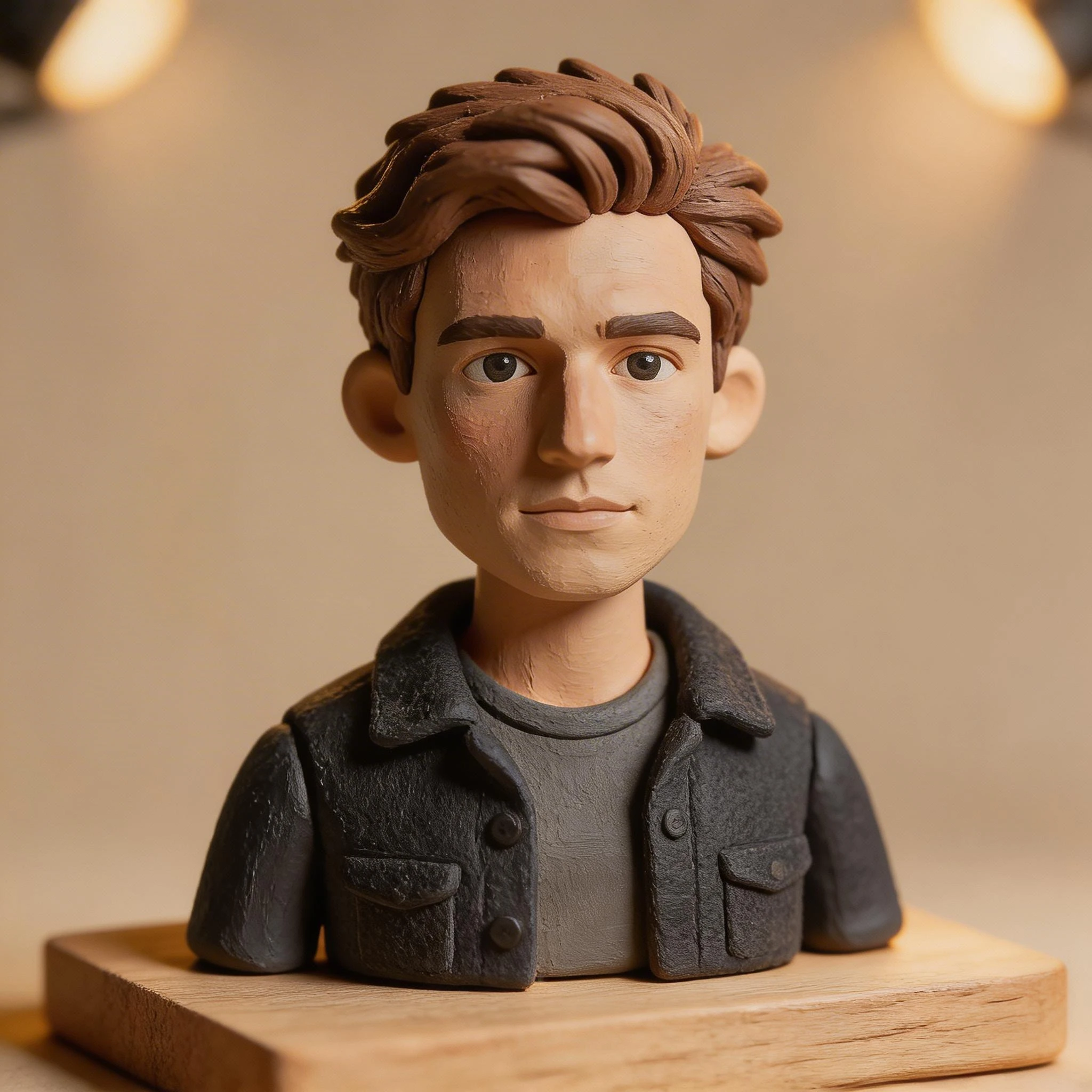 Transform the entire scene into a miniature tilt-shift diorama. Make the subject look like a hand-painted figurine with visible brush strokes on the skin. Add a wooden display base beneath the scene. Shift the lighting to warm studio spotlights from above. Make all textures look like craft materials — felt, clay, and balsa wood.