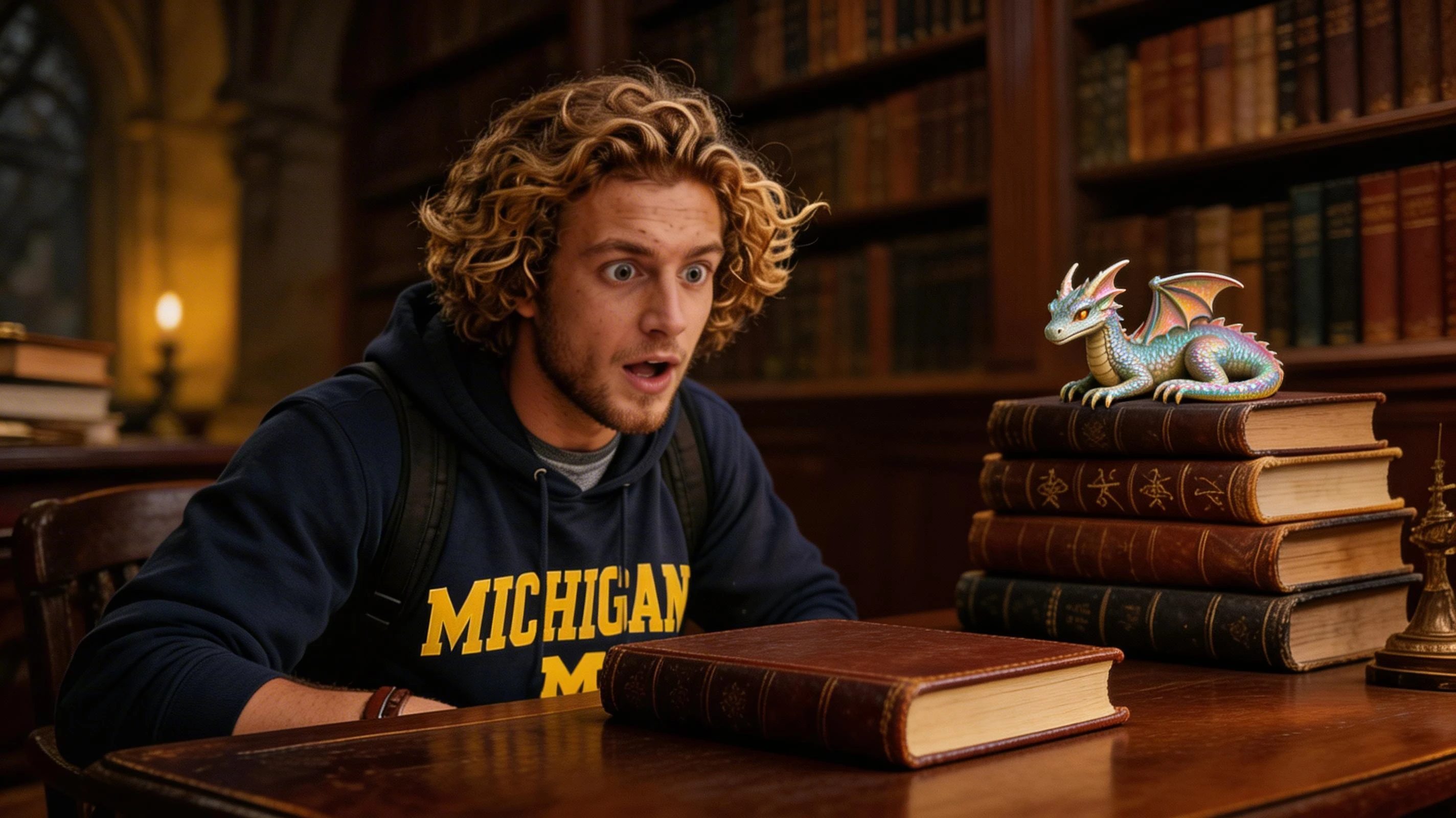 2 images. First, The same young man sitting at the desk, but the books behind him start glowing with golden magical light, ancient runes floating out of the open book, his eyes wide with surprise, Harry Potter aesthetic, cinematic. Second, The young man back in the library, book closed, looking shaken at a tiny dragon sleeping on the stack of books beside him, warm cozy lighting, magical realism