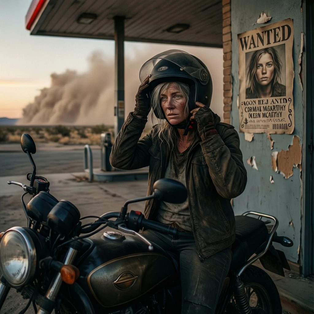 Lone motorcyclist stopped at abandoned gas station at dusk, removing helmet to reveal weathered face and grey hair, wanted poster with her younger face peeling off the wall behind her, dust storm approaching on the horizon. Coen Brothers Americana, Cormac McCarthy desolation, you can hear the silence, she's been running for decades.