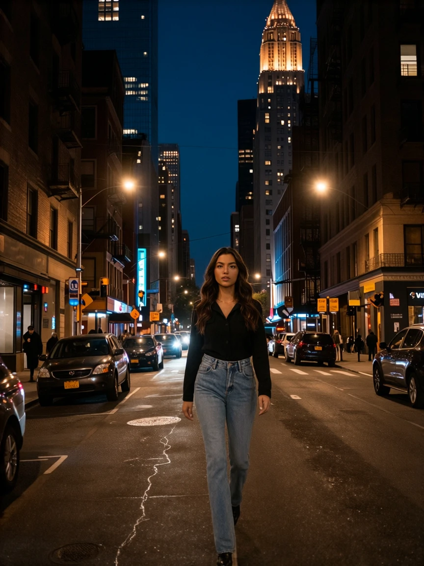 The woman in Figure 1 is walking in the city at night in Figure 2.