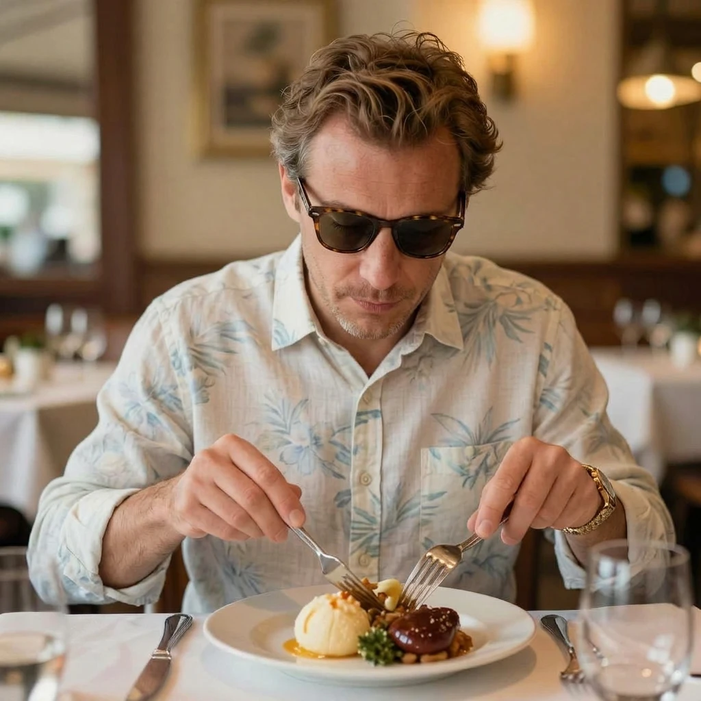 Change the man's clothes in the picture to beach casual wear and put on sunglasses.