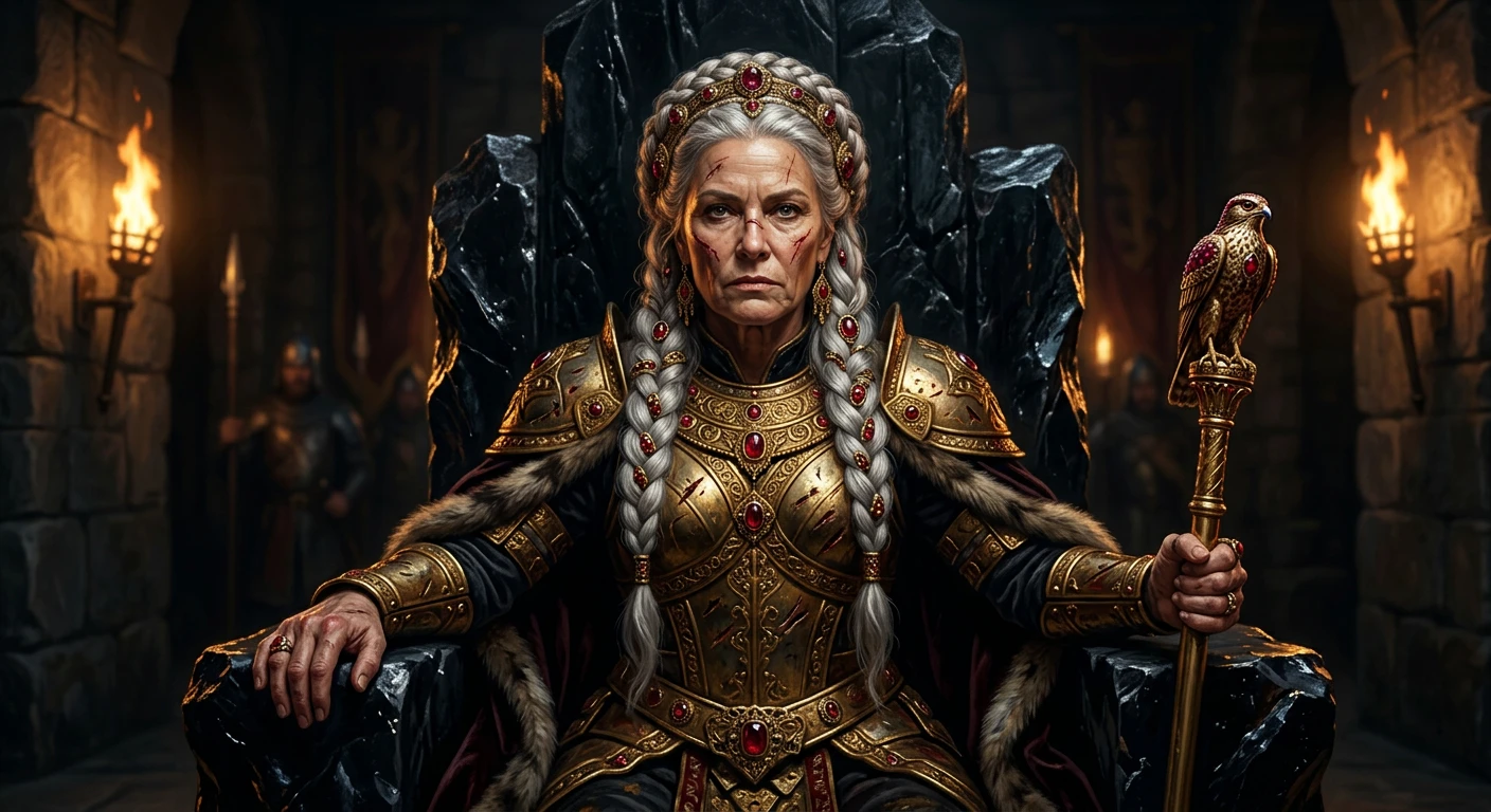 A middle-aged female warrior queen, intricate gold ceremonial armor with battle scars, long silver braided hair adorned with rubies, sitting on a throne of obsidian, torchlight casting dramatic chiaroscuro shadows, intense gaze, oil painting realism, hyper detailed, 8k