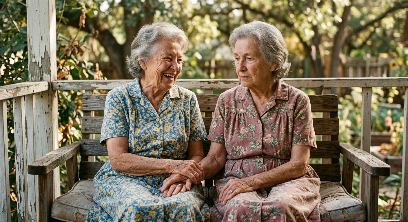Elderly twin sisters sitting side by side on a weathered porch, different expressions — one laughing, one lost in memory, hands intertwined, wearing faded floral dresses, afternoon light through oak trees dappling across their faces, 35mm film grain, tender and melancholic